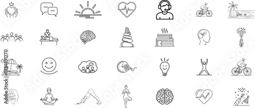 A collection of Caring Hands, Chat Message, Sunrise, Healthy Heart, Customer Support, And Cycling, Beach Relax. Editable line icons. Vector illustration.