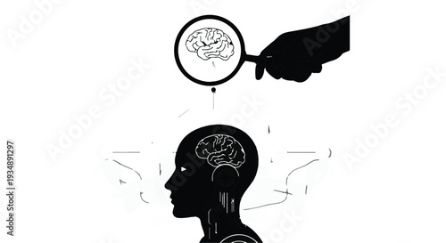 Brain analysis concept with magnifying glass examining human head and mind, symbolizing insight and mental health
