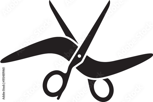 Stylized Black Silhouette of Open Scissors Cutting a Curved Shape.