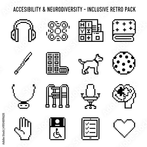 Inclusive accessibility and neurodiversity icon set in a retro pixel art style. Black and white symbols for sensory tools, mobility aids, and mental health awareness on a white background.