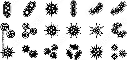 Set of black vector icons featuring various bacteria virus cells microorganisms and pathogens for medical research science education and healthcare user interface design elements.