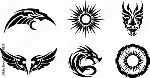 Set of black vector tribal tattoo art including stylized dragon wings eagle mask and sunburst geometric shapes isolated on a white background for design.