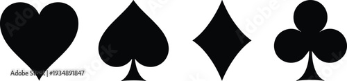 Set of black vector silhouettes including the four card suits heart, spade, diamond and club for gambling, poker games, casino design and magic tricks.