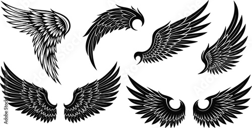 Set of Black Wing Silhouettes Vector Illustration Featuring Angel Bird and Eagle Wings with Tribal Feather Details Isolated on White Background for Tattoo Design