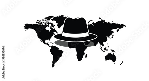 Black fedora hat on world map silhouette travel adventure concept