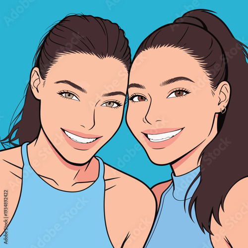 Two friends are smiling and posing closely together in a bright blue background. Their hair is styled, and they wear matching outfits.