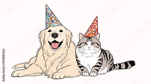 A dog and cat sit together wearing colorful party hats. They smile happily, enjoying the fun time at a birthday gathering.