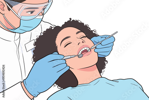 A patient lies back in a dental chair while a dentist examines her teeth using dental tools in a clinic setting.