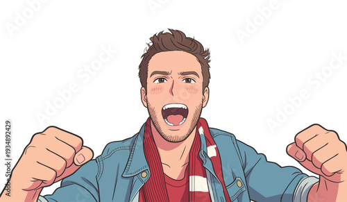 A young man cheers and celebrates with raised fists while wearing a scarf and a denim jacket.