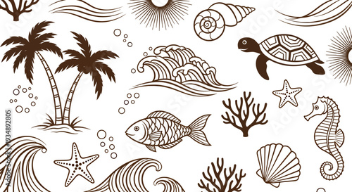 Handdrawn marine pattern with palm trees and sea life motifs that evoke coastal doodles.
