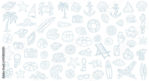 Collection of light blue travel and exploration icons in a seamless doodle style.