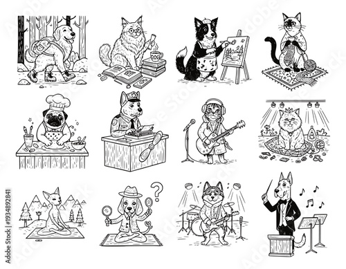 Whimsical hand-drawn collection of cats and dogs in human roles. Detailed vintage sketches of pets as chefs, musicians, hikers, and artists. Fun animal character illustrations for lifestyle.