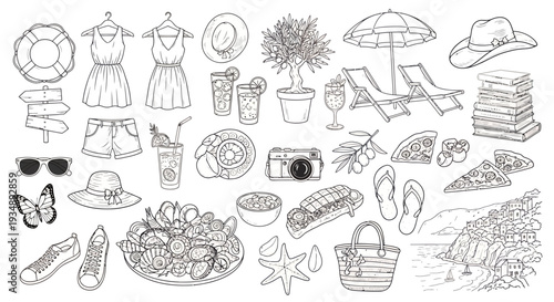 Collection of beach and vacation doodles including hats, drinks, chairs, sandals, shells, and butterflies.