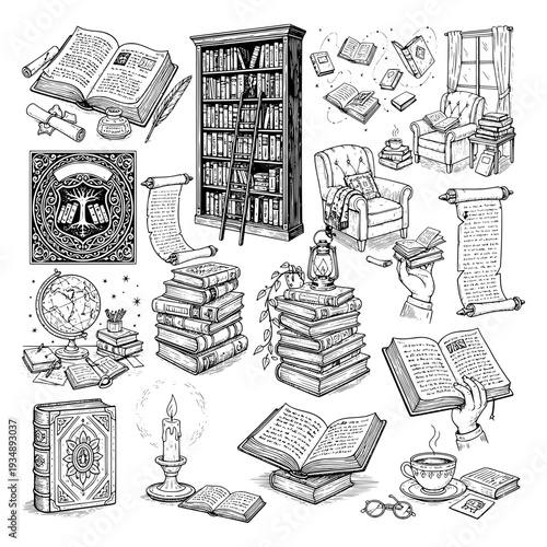 Vintage hand-drawn library and literature collection. Detailed sketches of antique books, bookshelves, scrolls, and reading nooks. Classic academic engraving style on a white background.