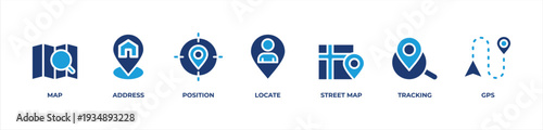 Navigation and Location Services Icons Icons Set"Icons set vector illustration blue with Map, Address, Position, Locate, Street map, Tracking, Gps