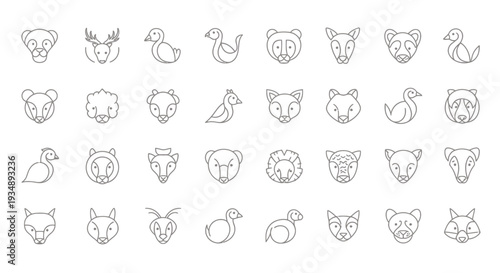 Collection of Minimalist Animal Face Line Icons for Graphic Design.