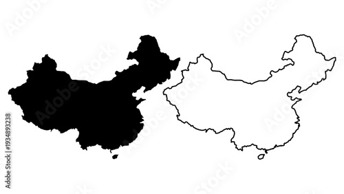China Contour Map: A black and white outline of the geographic borders of China, representing the vastness and diverse landscape of the nation.