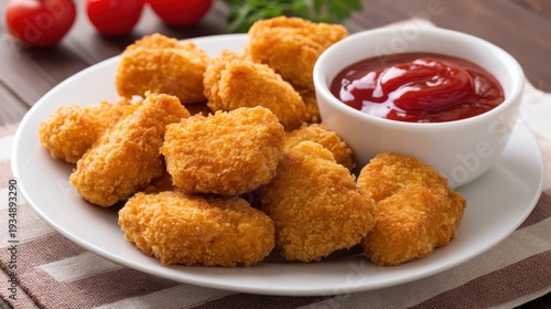 Close up of fried chicken nuggets with ketchup