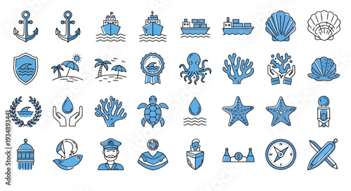 Collection of blue nautical icons including ships anchors shells and compasses.