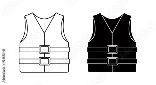 Two-Tone Safety Vest Illustrations with Triple Buckles and Adjustable Straps in White and Black.