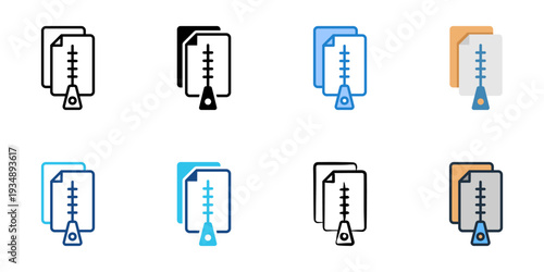 Zip file icons set multiple style collection. Editable stroke 

