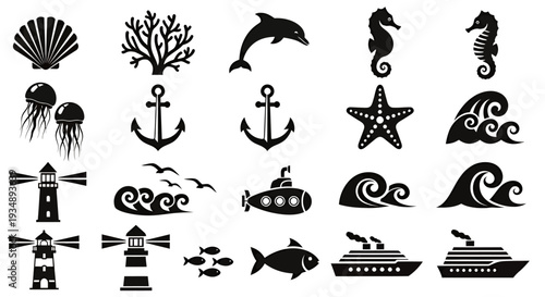 Set of black nautical icons featuring anchors, ships, marine life and coastal motifs for design projects.