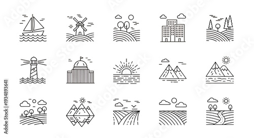 Collection of abstract geometric line art icons in a minimal vector graphic pack.