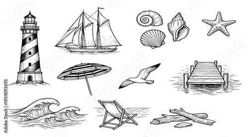 Nautical and coastal icon set featuring a lighthouse, sailboat, seashells, and beach elements. Vintage hand-drawn woodcut style vector illustrations for maritime travel and summer design.