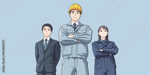Three people pose together in plain clothing for a work-related event. They show different roles in the workforce.