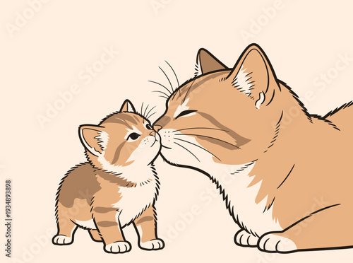 A small kitten leans toward an adult cat, both touching noses in a cute display of affection. The setting is plain and soft in tone.