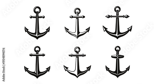 Set of black nautical anchor icons arranged in a repeating pattern for graphic design projects.