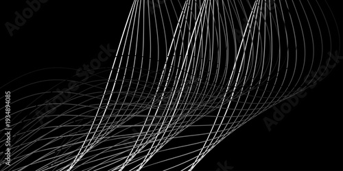 A dark 3d digital wallpaper featuring an abstract black background with white fractal wave lines and a blue light pattern creating a motion design concept for a web technology grid universe