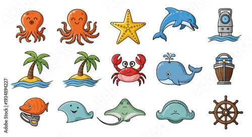Colorful marine life icons featuring octopus, dolphin, whale, and other sea creatures in cartoon style.
