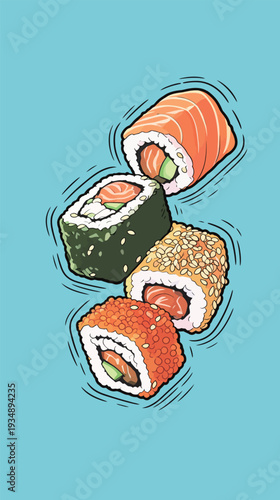 Four types of sushi rolls are shown on a blue background. Each roll has different toppings and fillings. The colors stand out clearly.
