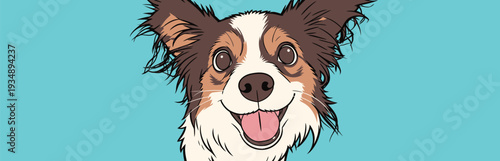 A dog with happy expression looks directly at the viewer in a blue background. Its tongue hangs out in joy.