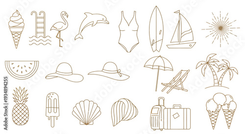 Collection of hand-drawn summer and nautical icons and illustrations.