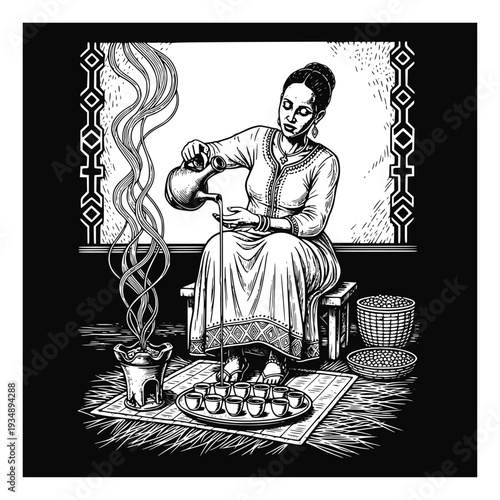 Traditional Ethiopian coffee ceremony illustration in detailed linocut style. A woman in cultural dress pours coffee into small cups with aromatic smoke, baskets, and tribal patterns.