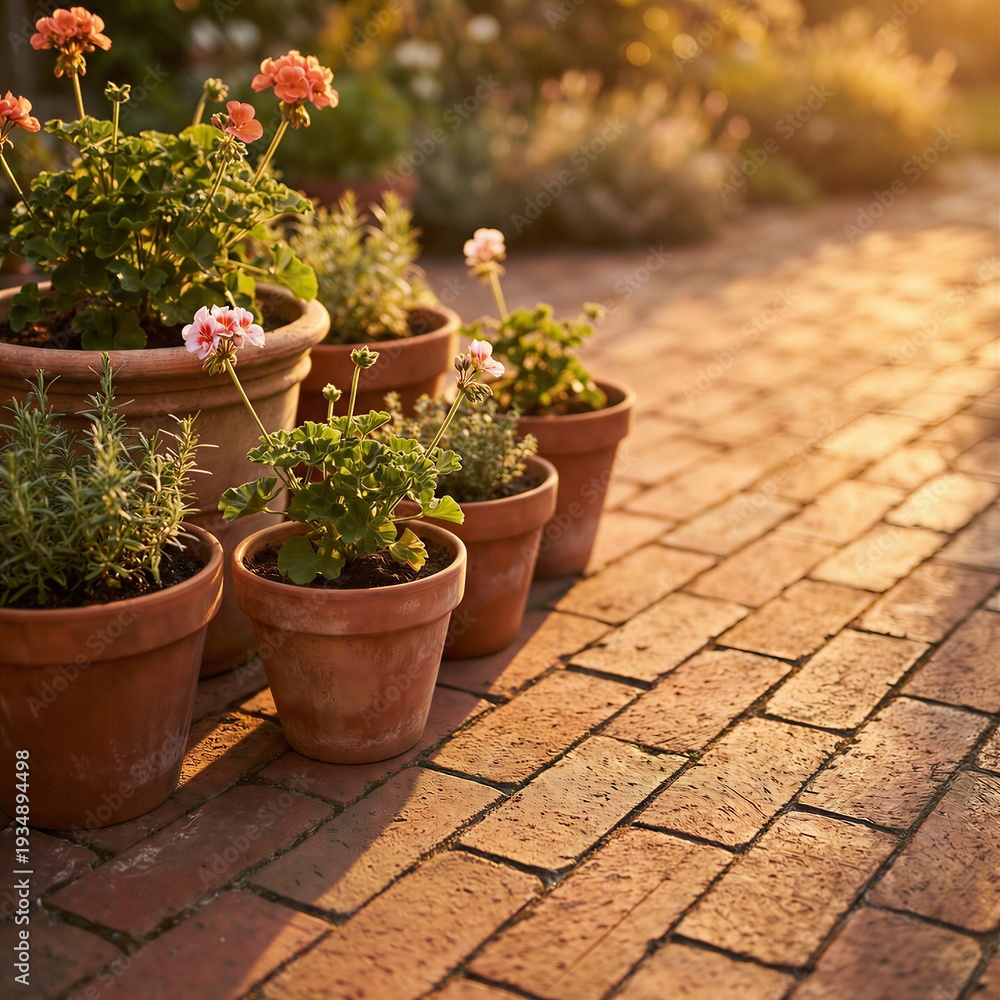 Fototapeta premium Terracotta Flower Pots on Sunlit Red Brick Patio