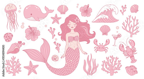 Pink Mermaid Swimming Among Coral and Sea Life in a Fantasy Underwater Scene.