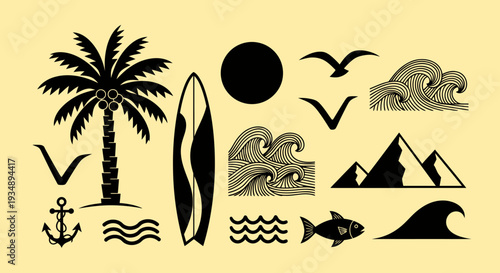 Graphic collage of tropical coastal icons featuring palm trees surfboard sun waves mountains and nautical symbols.