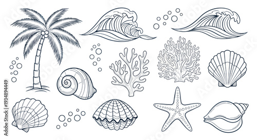 Collection of Coastal Sea Life and Beach Iconography in Line Art.