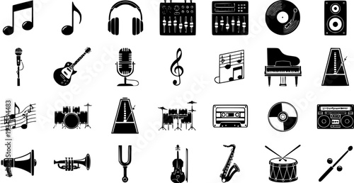 Music Audio Production Flat Icons-Musical Note Headphones Mixing Board Vinyl Guitar Microphone Sheet Music Piano-25 Music Icon Set Vector - Audio Production Icons 