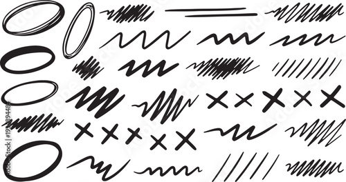 pencil hand drawn various oval, chalked arrows, check marks. Vector doodle marker drawing. Hand drawn charcoal symbols for diagrams. Freehand grunge