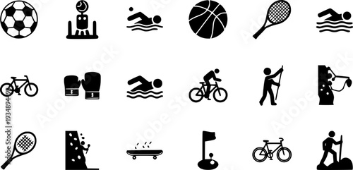
Sports Recreation Flat Icons-Soccer Ball Basketball Tennis Racket Swimming Cycling Golf Skateboard Boxing Climbing-20 Sports Icon Set Vector - Recreation Icons 