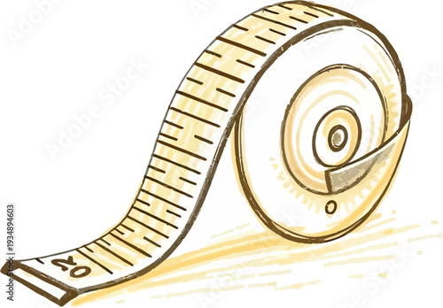 A hand-drawn sketch of a flexible measuring tape, coiled at one end and extending, showing measurement markings, in a warm beige and brown color palette.
