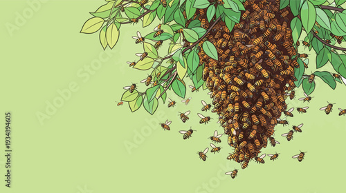 Bees are seen flying around a large hive on a tree in a garden under bright sunlight. The leaves provide shade and color.