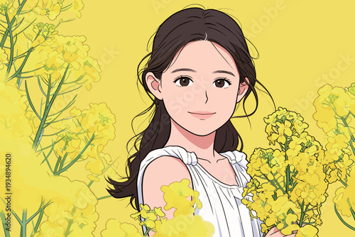 A young woman holds yellow flowers while standing in a field filled with blooms under a sunny sky. She looks at the viewer and smiles.