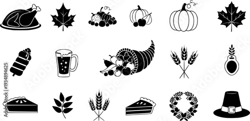 Thanksgiving Autumn Harvest Flat Icons-Turkey Cornucopia Pumpkin Maple Leaf Cider Wheat Pie Wreath Pilgrim Hat-20 Thanksgiving Icon Set Vector - Harvest Icons 