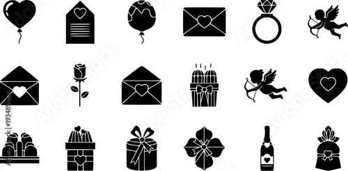 Valentines Day Love Romance Flat Icons-Heart Balloon Love Letter Diamond Ring Chocolate Roses Cupid Champagne-20 Valentine Icon Set Vector - Romance Icons