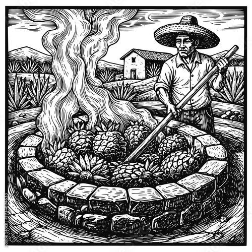 Traditional linocut illustration of a Mexican jimador roasting agave hearts in a stone pit. Authentic Mezcal or Tequila production process featuring a farmer, agave fields, and smoke.